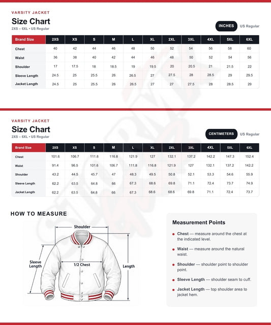 A size chart and measurement guide for a varsity jacket, showing brand sizes XXS through 6XL with height, chest, waist, shoulder, sleeve length, and jacket length in inches and centimeters. Includes a how-to-measure diagram with labeled points on the body, sleeve, and jacket.