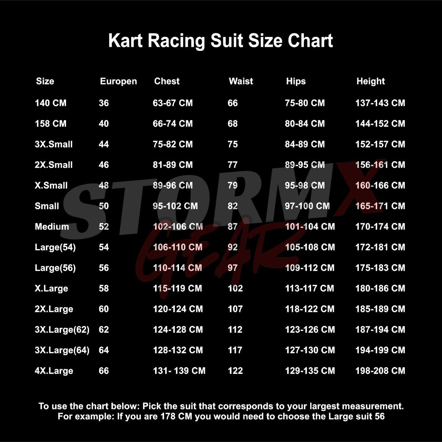 Kart Racing Suit Size Chart with measurements on a black background
