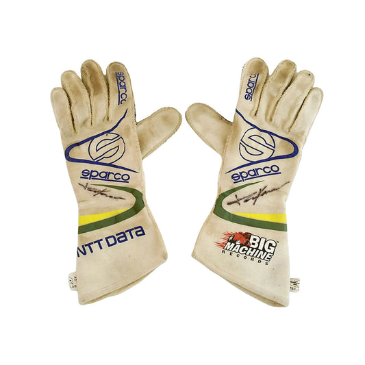 Pair of Sparco Tony Kanaan 2017 IndyCar race gloves with branding on a white background