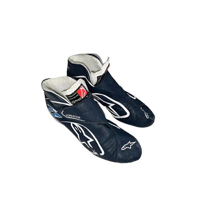 Pair of navy blue Valtteri Bottas 2015 F1 race shoes with white accents on a white background