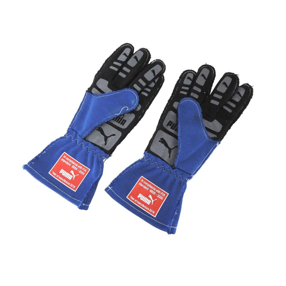 Pair of blue and black Puma Valtteri Bottas 2018 F1 race gloves on a white background