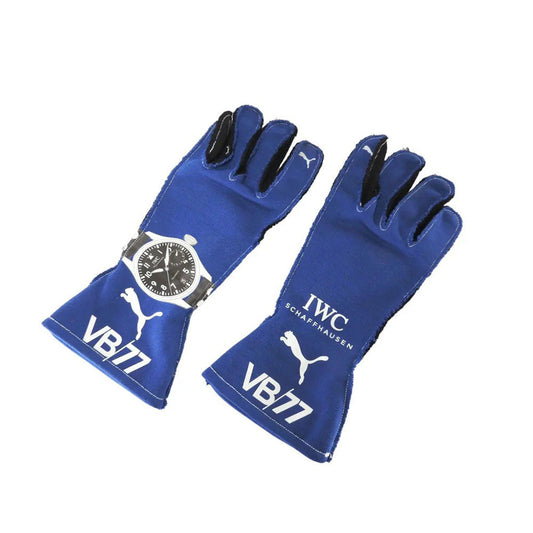 Blue Valtteri Bottas 2018 F1 race gloves with watch and 'VB77' branding on a white background