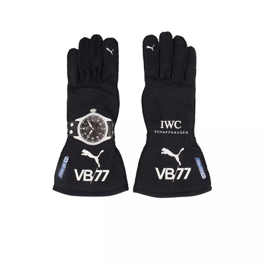 Black Valtteri Bottas 2020 F1 race gloves with IWC and Puma branding on a white background