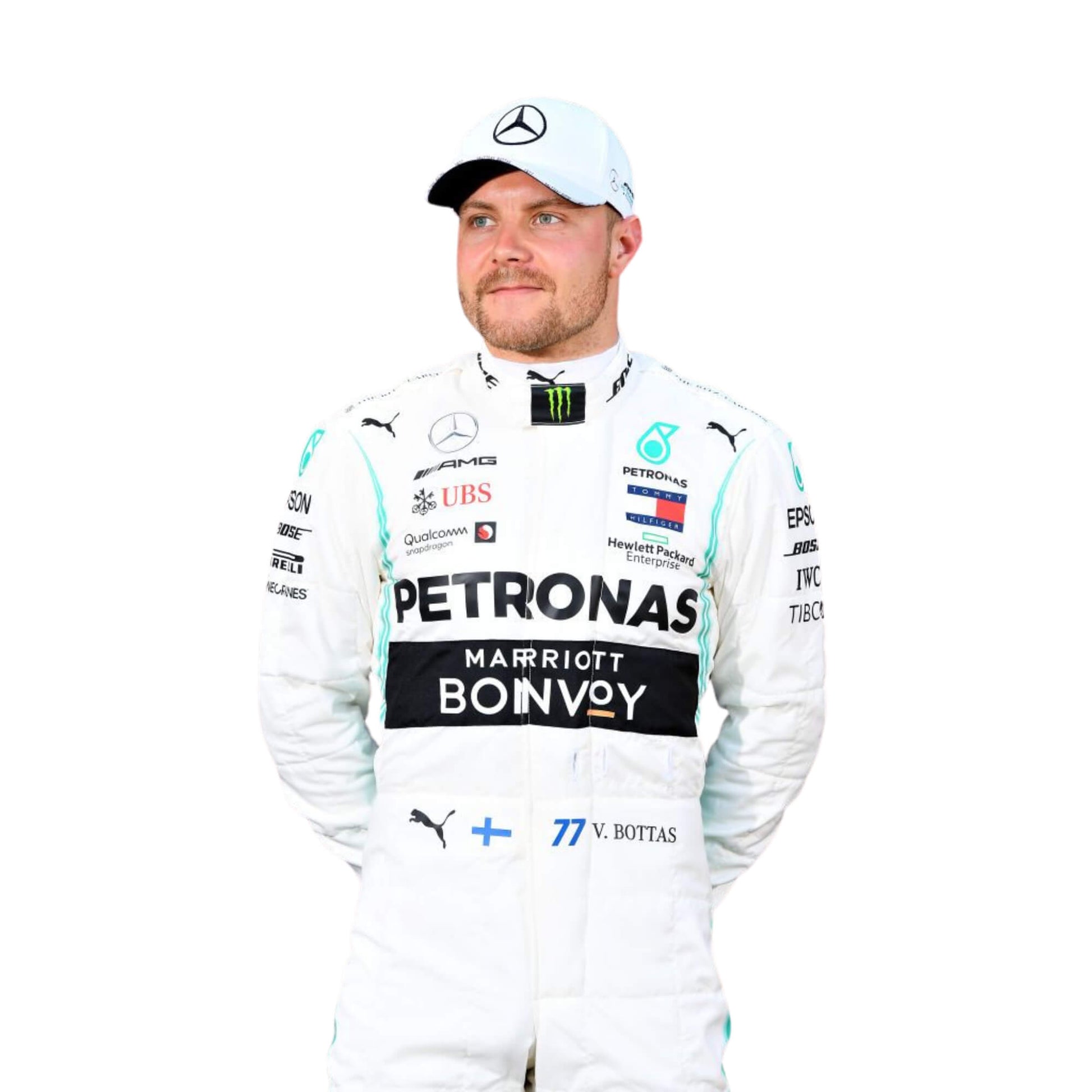 Closeup front view of Valtteri Bottas 2020 F1 racing suit – iconic black and silver design worn during a dominant season