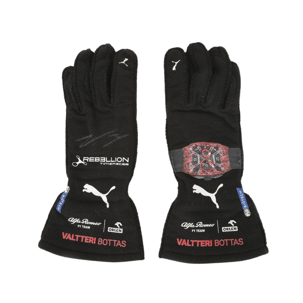 Black Valtteri Bottas 2022 British GP F1 Race gloves with visible branding on a white background
