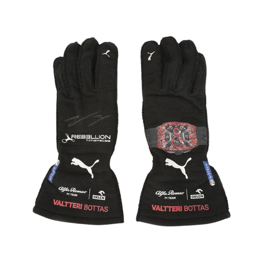 Black Valtteri Bottas 2022 British GP F1 Race gloves with visible branding on a white background