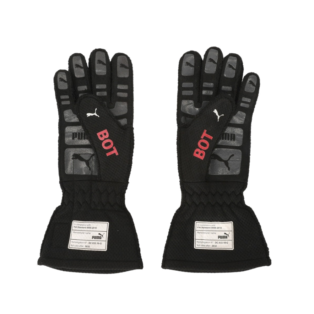 Pair of black Valtteri Bottas 2022 British GP F1 Race gloves with red 'BOT' text and Puma logo on a white background