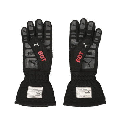 Pair of black Valtteri Bottas 2022 British GP F1 Race gloves with red 'BOT' text and Puma logo on a white background