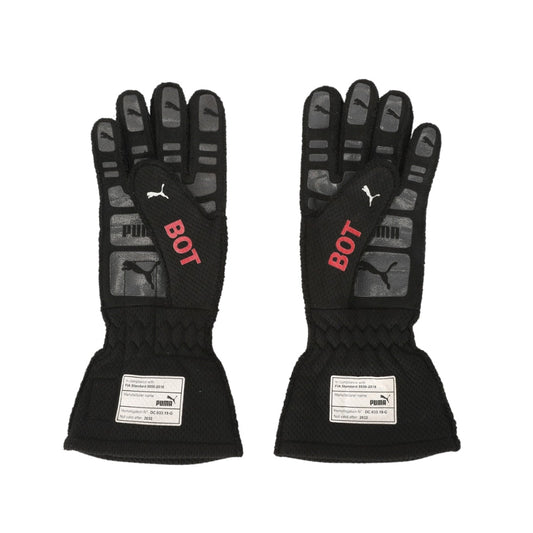 Pair of black Valtteri Bottas 2022 British GP F1 Race gloves with red 'BOT' text and Puma logo on a white background