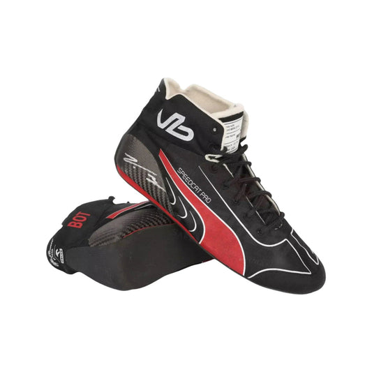 Black and red Valtteri Bottas 2022 F1 racing shoes with 'VLB' branding on a white background