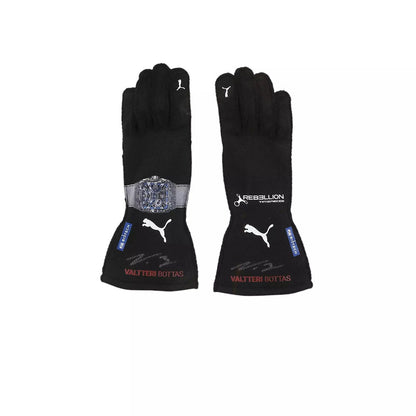 Pair of black Valtteri Bottas 2023 F1 race gloves with branding on a white background