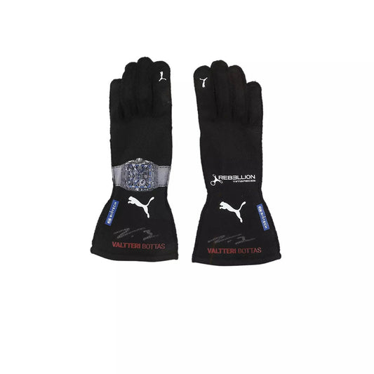 Pair of black Valtteri Bottas 2023 F1 race gloves with branding on a white background