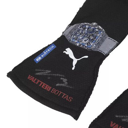 Black Valtteri Bottas 2023 F1 race gloves wristband with Puma logo and 'Valtteri Bottas' text on a white background