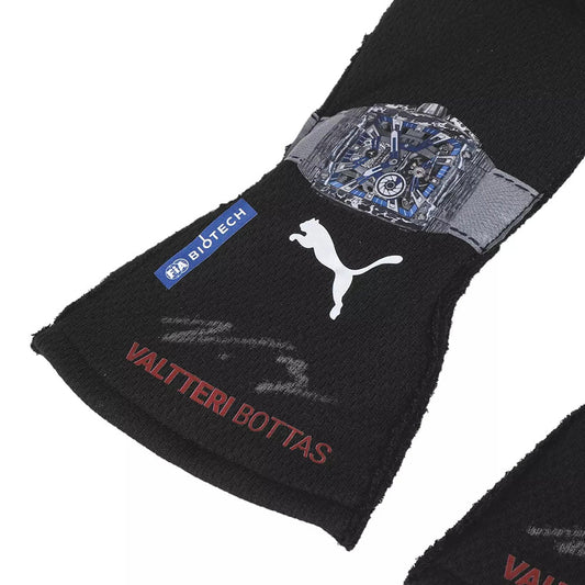 Black Valtteri Bottas 2023 F1 race gloves wristband with Puma logo and 'Valtteri Bottas' text on a white background