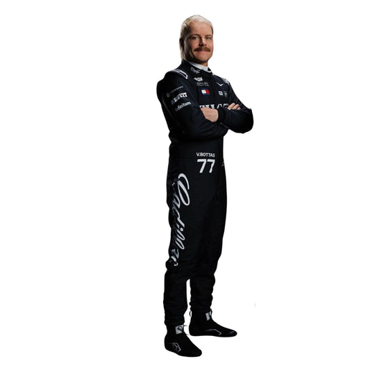 Valtteri Bottas wearing a Cadlliac racing suit with various sponsor logos with Right View