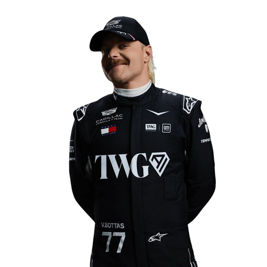 Valtteri Bottas wearing a Cadlliac racing suit with various sponsor logos with Close View