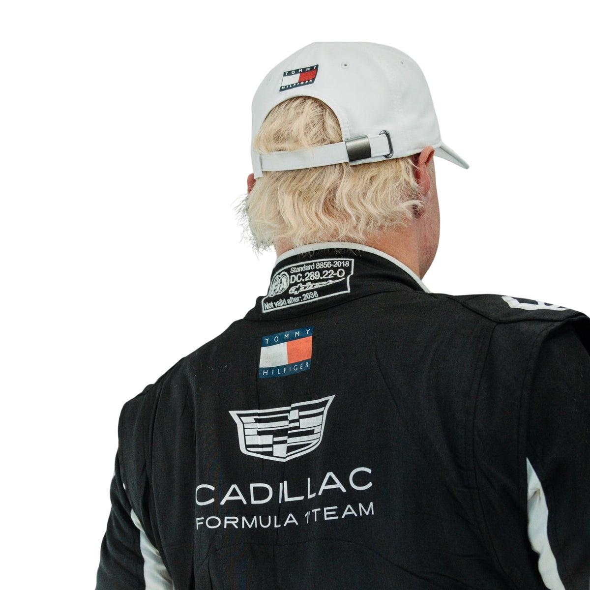 Valtteri Bottas wearing a Cadlliac racing suit with various sponsor logos with Close View