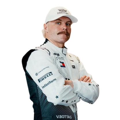 Valtteri Bottas wearing a Cadillac Miami GP racing suit with various sponsor logos with Close View