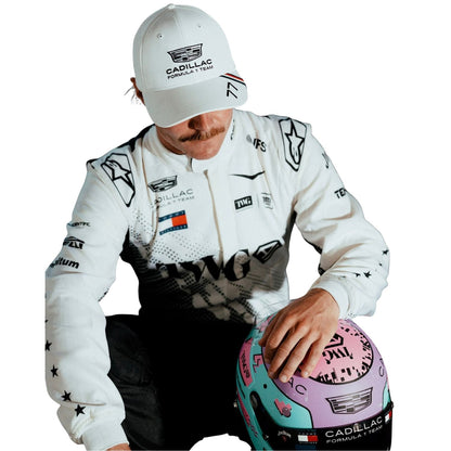 Valtteri Bottas wearing a Cadillac Miami GP racing suit with various sponsor logos with Close View