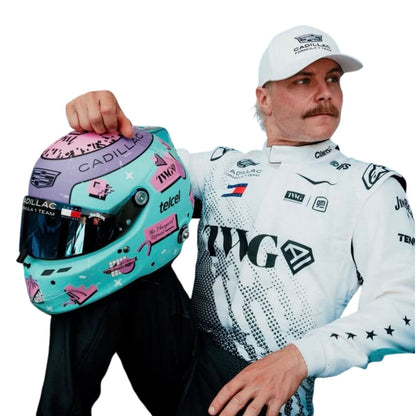 Valtteri Bottas wearing a Cadillac Miami GP racing suit with various sponsor logos with Close View