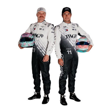 Valtteri Bottas wearing a Cadillac Miami GP racing suit with various sponsor logos with Front View