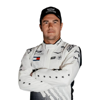 Sergio Perez wearing a Cadillac Miami GP racing suit with various sponsor logos with Close View