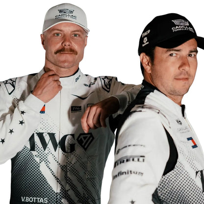 Valtteri Bottas & Sergio Perez wearing a Cadillac Miami GP racing suit with various sponsor logos with Close View