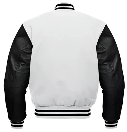 Varsity Baseball College Lettermen Bomber White Wool & Black Leather Jacket