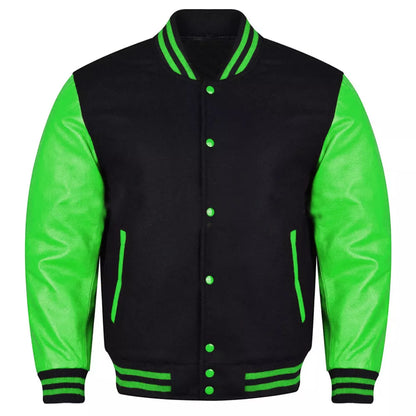 Varsity Black Letterman Baseball Wool &Green Real Leather Sleeves Jacket
