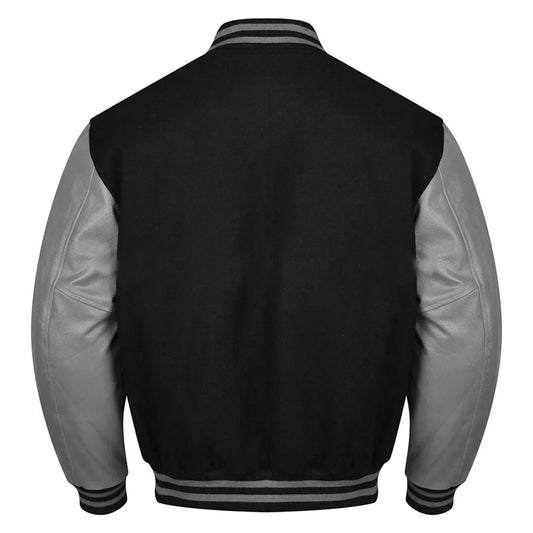 Varsity Black Letterman Baseball Wool &Grey Real Leather Sleeves Jacket