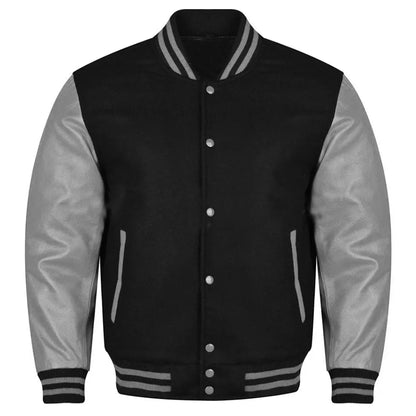Varsity Black Letterman Baseball Wool &Grey Real Leather Sleeves Jacket