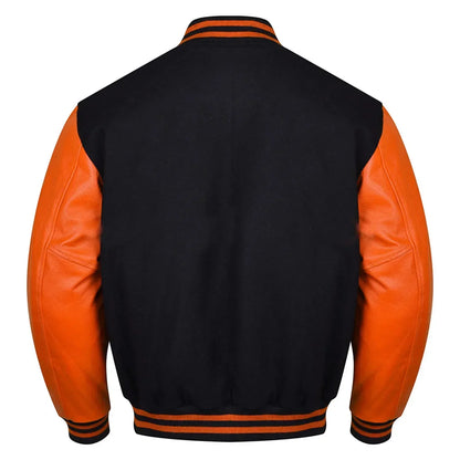 Varsity Black Letterman Baseball Wool &Orange Real Leather Sleeves Jacket