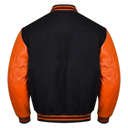 Varsity Black Letterman Baseball Wool &Orange Real Leather Sleeves Jacket