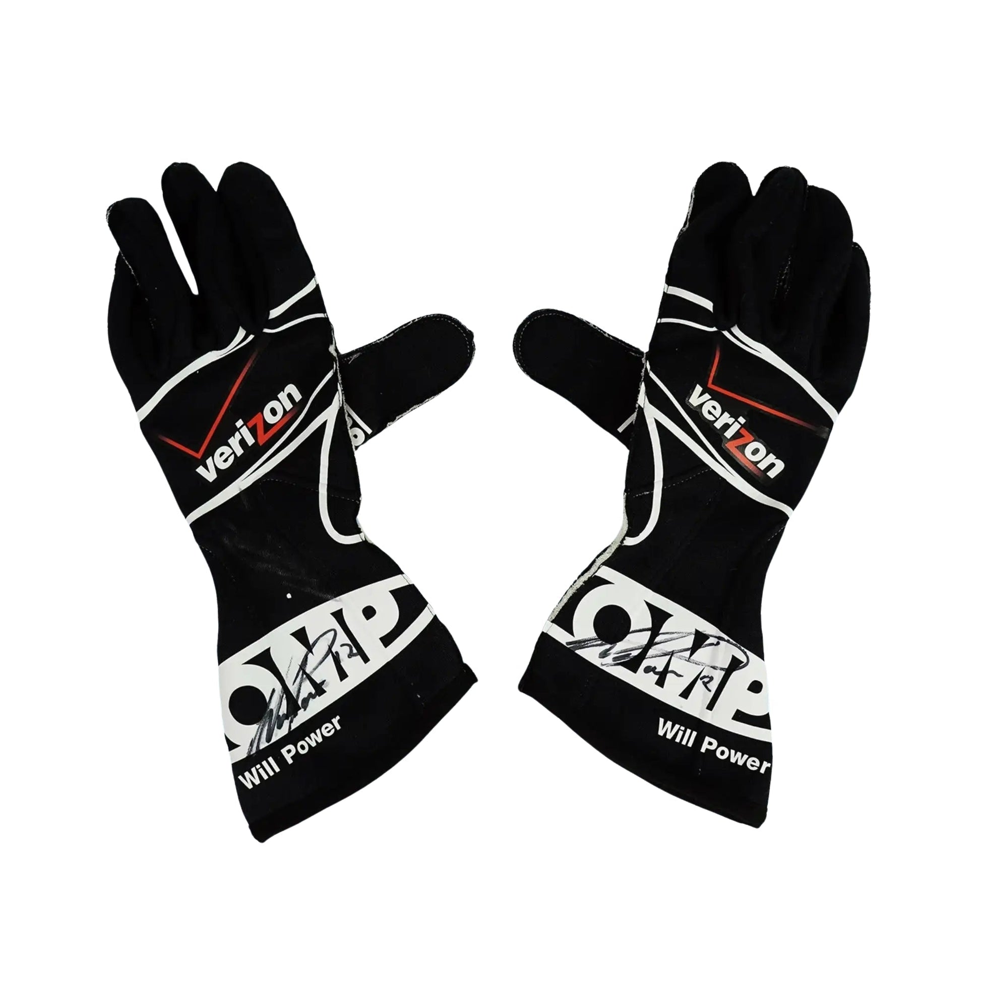 Black Will Power 2011 IndyCar Race gloves with Verizon and Will Power branding on a white background
