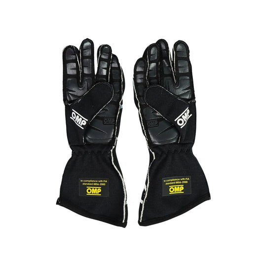 Pair of black Will Power 2011 IndyCar Race gloves with OMP branding on a white background