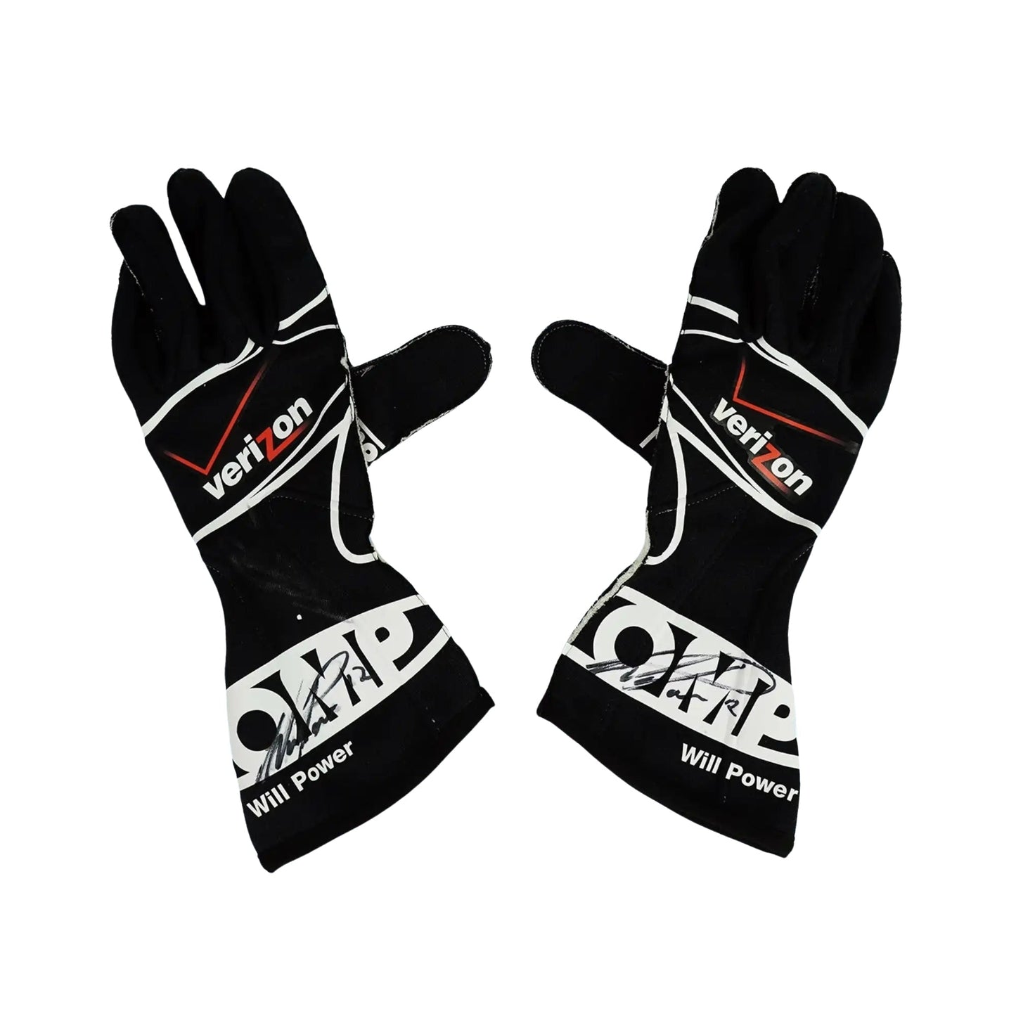 Black Will Power 2011 IndyCar race gloves with Verizon and Will Power branding on a white background