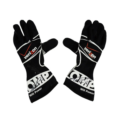 Black Will Power 2011 IndyCar race gloves with Verizon and Will Power branding on a white background