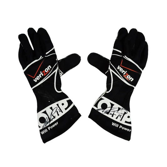 Black Will Power 2011 IndyCar race gloves with Verizon and Will Power branding on a white background