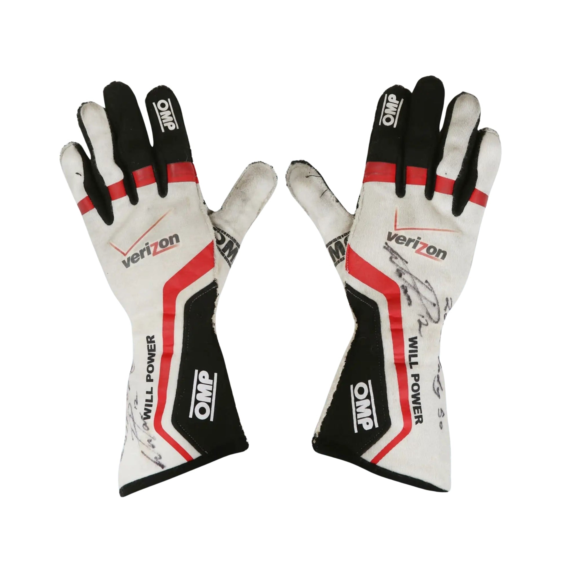 Pair of Will Power 2012 IndyCar 500 race gloves with Verizon and OMP branding on a white background