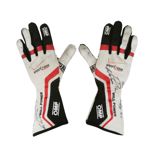 Pair of Will Power 2012 IndyCar 500 race gloves with Verizon and OMP branding on a white background