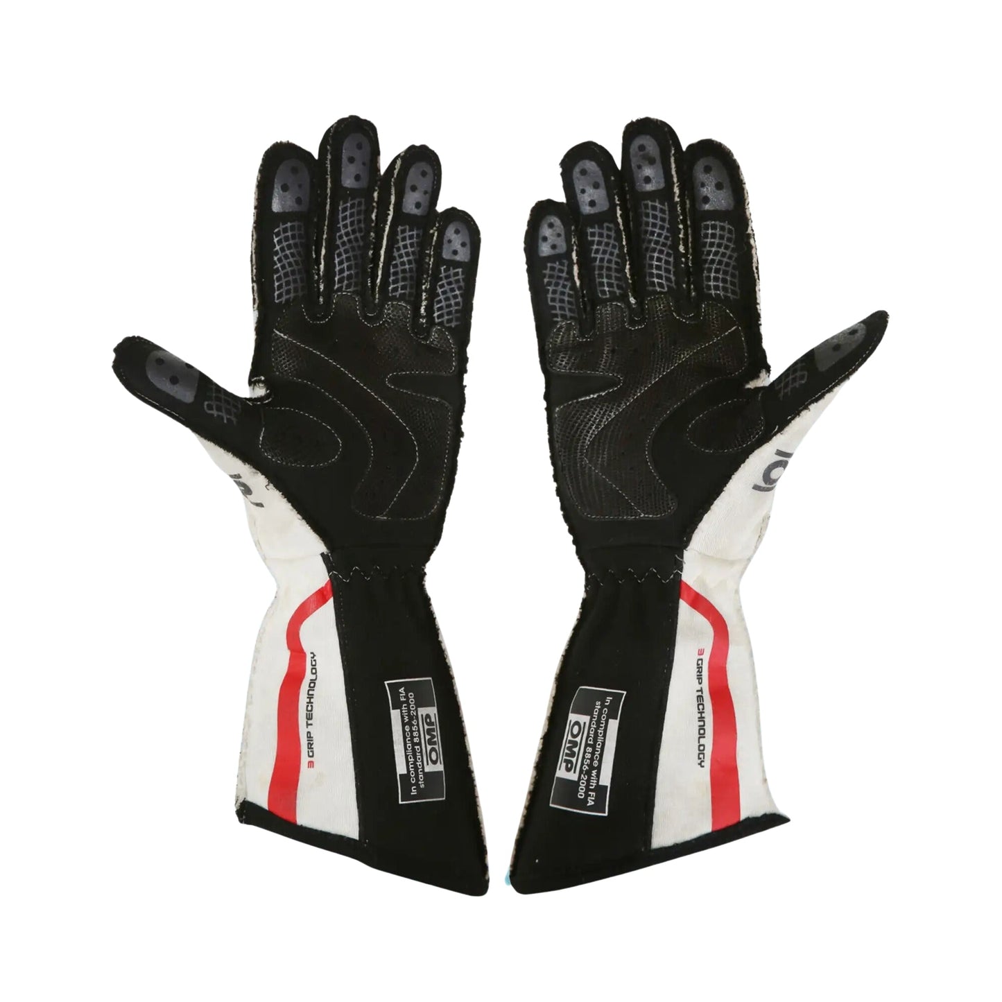Pair of black and white Will Power 2012 IndyCar 500 race gloves with red accents on a white background