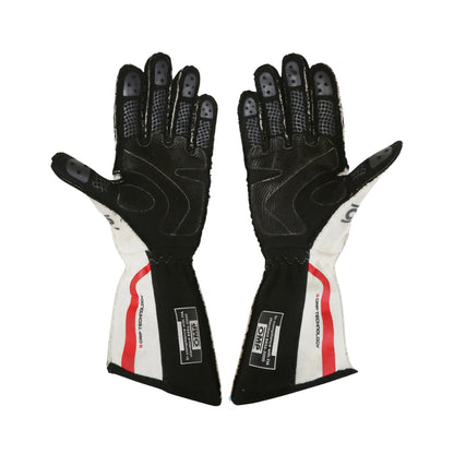 Pair of black and white Will Power 2012 IndyCar 500 race gloves with red accents on a white background