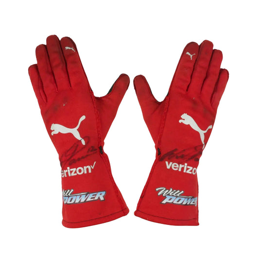 Red Will Power 2020 IndyCar race gloves with Puma and Verizon logos on a white background