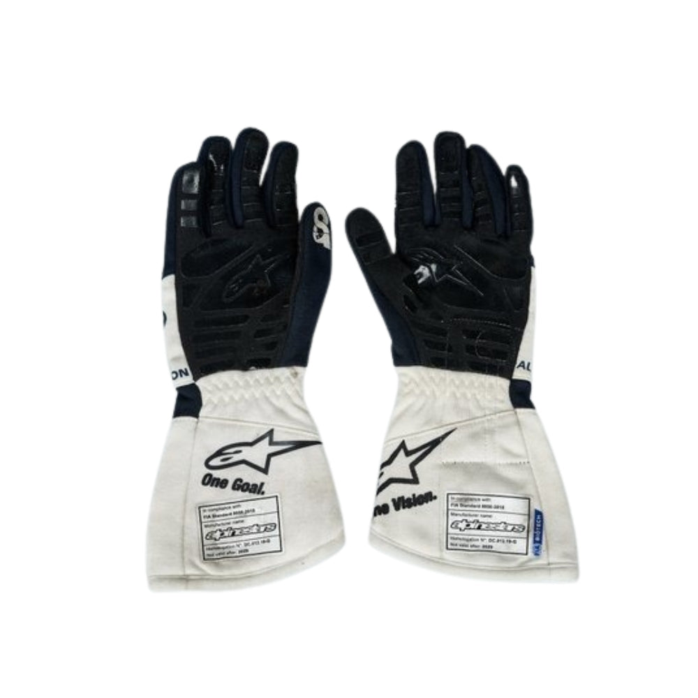 Pair of black and white Yuki Tsunoda 2022 F1 Race gloves on a white background