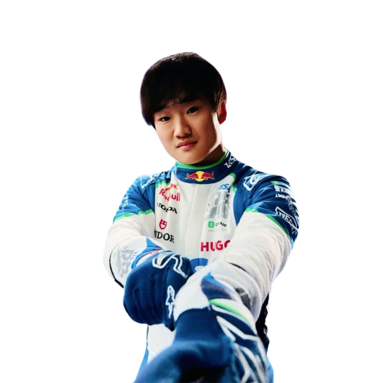 Close-up of Yuki Tsunoda's 2025 F1 race suit, displaying the intricate white fabric with blue and green accents and detailed sponsor logos.