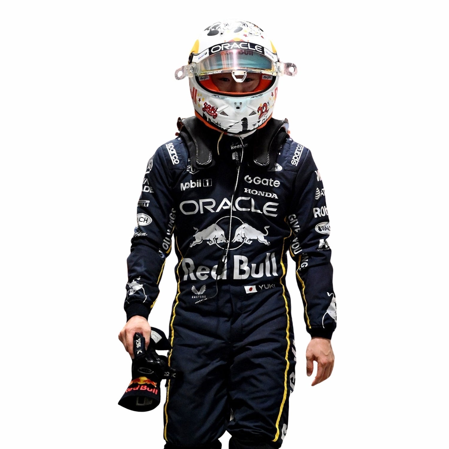 Yuki Tsunoda wearing a Redbull F1 racing suit and helmet in Las Vegas GP with Oracle and Red Bull branding on a white background