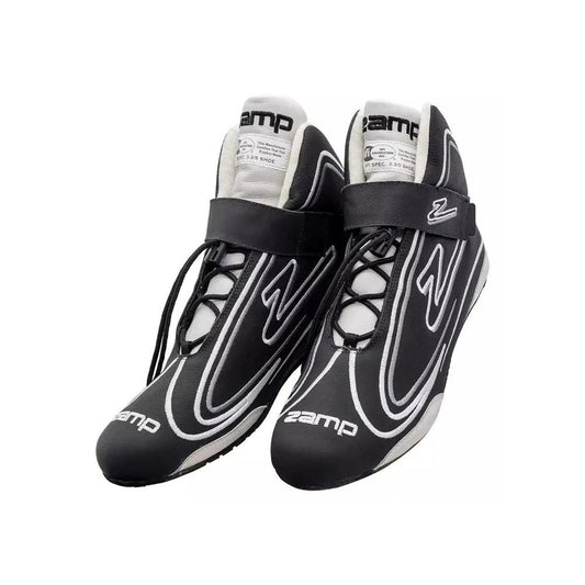 Black and white ZR-50 Kart Race shoes with 'Zamp' branding on a white background