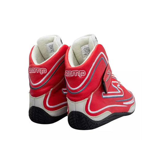 Red and white ZR-50 Kart Race shoes with 'Zamp' branding on a white background