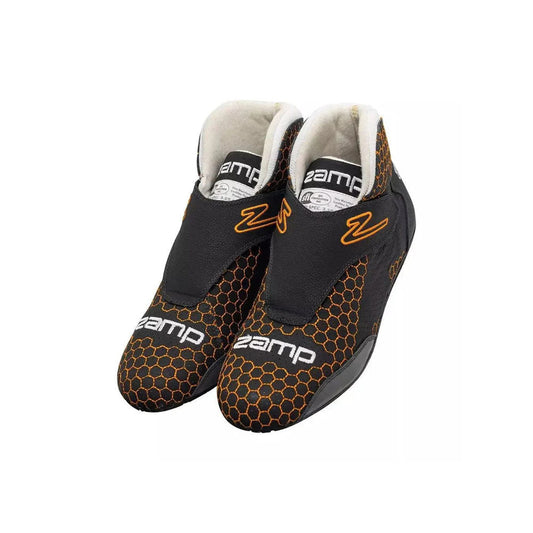 Pair of black and orange Zamp ZR-60 Kart Race shoes on a white background