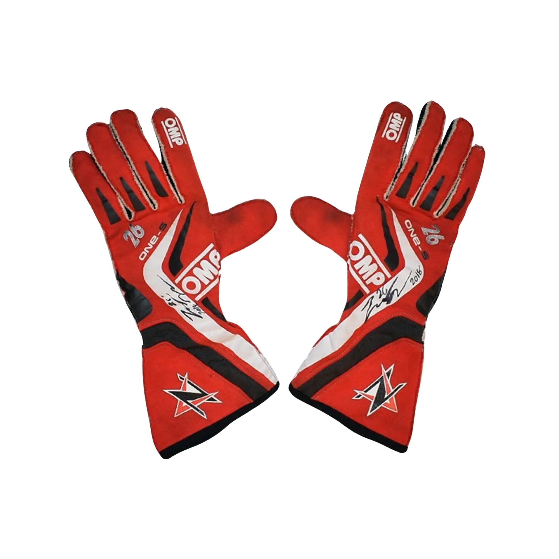 Red Zach Veach 2018 Racing race gloves with black and white accents on a white background